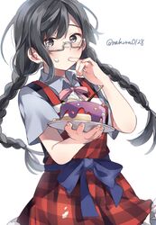  apron black_eyes black_hair blue_ribbon braid cake collared_shirt commentary_request female food food_on_face highres holding holding_plate icing licking licking_finger long_hair love_live! love_live!_nijigasaki_high_school_idol_club love_live!_school_idol_festival_all_stars makura_(makura0128) nakagawa_nana neck_ribbon pink_ribbon plaid plaid_apron plate pocky protected_link red_apron ribbon semi-rimless_eyewear shirt short_sleeves simple_background solo twin_braids twitter_username under-rim_eyewear white_background yuki_setsuna_(love_live!) 