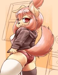  2022 absurd_res anthro ass biscuit_(blasticussaturn) blasticussaturn butt_pose canid canine clothing female hi_res hoodie legwear looking_at_viewer looking_back mammal panties pose presenting presenting_hindquarters raised_tail red_eyes signature simple_background smile solo tail thigh_highs topwear underwear 