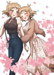  2girls alternate_costume arm_hug bare_shoulders black_neckwear blonde_hair blue_pants blush bow breasts choker closed_eyes commentary_request hair_ornament hairbow high-waist_pants highres jewelry large_breasts looking_at_another multiple_girls necklace open_mouth pants selfcest senki_zesshou_symphogear senki_zesshou_symphogear_xd_unlimited short_hair smile tachibana_hibiki_(symphogear) tachibana_hibiki_(symphogear)_(another) yukitsuba_hina yuri 