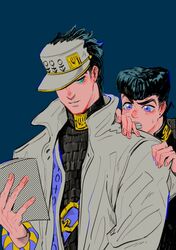  2boys black_hair blue_eyes book diamond_wa_kudakenai hat higashikata_josuke highres jacket jojo_no_kimyou_na_bouken kujo_jotaro long_coat mogy88428 multiple_boys pompadour purple_eyes reading turtleneck white_jacket 