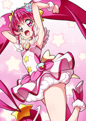  :d armpits arms_up blunt_bangs breasts brooch commentary_request cure_star female gradient_background highres hoshina_hikaru jewelry long_hair looking_at_viewer magical_girl open_mouth pink_background pink_eyes pink_hair pink_theme precure rokko small_breasts smile solo star_(symbol) star_twinkle_precure starry_background twintails very_long_hair 