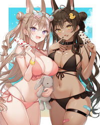  2girls absurdres animal_ears bandaged_leg bandages bare_arms bare_shoulders bikini black_bikini black_coat black_nails blue_nails breasts brown_hair cleavage coat dark-skinned_female dark_skin eyewear_on_head food food_on_face hair_bun hair_ornament heart heart-shaped_pupils highres holding holding_food ice_cream large_breasts light_brown_hair long_hair looking_at_viewer multiple_girls murata_konomin nail_polish navel oerba_yun_fang original pink_bikini purple_eyes rabbit_ears rabbit_girl rabbit_tail side-tie_bikini_bottom skin_fang skindentation smile standing stomach stuffed_animal stuffed_rabbit stuffed_toy sunglasses swimsuit symbol-shaped_pupils tail thigh_strap very_long_hair yellow_eyes 