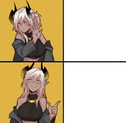  aiko_(less) bare_shoulders blush breasts closed_eyes commentary demon_girl demon_horns drakeposting_(meme) facing_viewer female hand_up highres horns large_breasts less long_hair meme off_shoulder orange_background original pointy_ears simple_background smile solo template white_hair yellow_background 