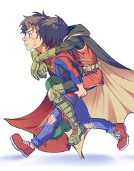  2boys animification batman_(series) black_hair blue_eyes cape carrying carrying_person damian_wayne dc_comics denim endure_gif english_commentary full_body gloves green_footwear green_gloves highres jeans jonathan_kent lolicon male_focus multiple_boys pants piggyback red_footwear resting robin_(dc) short_hair simple_background super_sons superboy superhero_costume superman_(series) white_background 