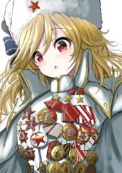  :o blonde_hair blush commentary_request female fur_hat girls&#039;_frontline hair_between_eyes hammer_and_sickle hat highres jacket jacket_on_shoulders long_hair medal nagant_revolver_(girls&#039;_frontline) parted_lips red_eyes red_star shirt simple_background solo star_(symbol) take_(trude1945oneetyan) upper_body ushanka white_background white_hat white_jacket white_shirt 