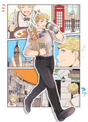  1boy bag baguette bara black_pants blonde_hair blush bow bowtie bracelet bread city closed_eyes collared_shirt cup day disposable_coffee_cup disposable_cup food granblue_fantasy grey_shirt holding holding_cup jewelry large_pectorals looking_at_viewer male_focus mentaishi multiple_views muscular muscular_male open_mouth outdoors pants paper_bag pectorals plaid plaid_pants road shirt shopping_bag short_hair sky sleeves_rolled_up smile street suspenders undercut vane_(granblue_fantasy) vegetable watch wristwatch 