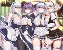  4girls anchor_choker apron arm_guards arms_behind_head arms_up azur_lane bare_shoulders belfast_(azur_lane) black_dress black_gloves black_hairband black_legwear blue_dress blue_eyes blunt_bangs blush braid breast_press breasts broken broken_chain brooch center_frills chains choker cleavage closed_mouth clothes_lift clothing_cutout collar collarbone deras dido_(azur_lane) dress dress_lift earrings elbow_gloves french_braid frilled_choker frilled_gloves frills gloucester_(azur_lane) gloves grey_hair hair_between_eyes hairband indoors jewelry lace-trimmed_hairband lace_trim large_breasts lifting_own_clothes long_hair long_sleeves looking_at_viewer maid maid_headdress multiple_girls open_mouth pantyhose parted_lips puffy_short_sleeves puffy_sleeves purple_eyes purple_hair red_eyes short_hair short_sleeves side_braid sirius_(azur_lane) sleeveless sleeveless_dress smile swept_bangs thighband_pantyhose thighhighs thighs underboob underboob_cutout waist_apron white_apron white_gloves white_hair white_thighhighs yandere yellow_eyes 