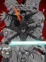  3girls 6+boys ahoge akimaru armor blue_eyes cape closed_mouth facial_hair facial_mark fur_trim gloves glowing glowing_eyes glowing_weapon green_eyes grey_eyes hair_between_eyes hair_over_one_eye helmet heterochromia highres holding holding_sword holding_weapon monochrome multicolored_hair multiple_boys multiple_girls open_mouth parted_lips pink_eyes pixiv_fantasia pixiv_fantasia_revenge_of_the_darkness pointy_ears ponytail purple_eyes red_background red_eyes scar scar_on_face screaming sharp_teeth simple_background sword teeth tongue weapon yellow_eyes 