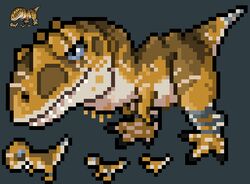  brown_body digital_media_(artwork) dinosaur extinct feral imperatorcaesar male_(lore) marcosaurus_(imperatorcaesar) mouth_closed orange_body pixel_(artwork) pixelated prehistoric_species reptile scalie simple_background solo striped_legs white_body 