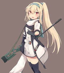  blonde_hair bolt_action character_name dress female girls&#039;_frontline gloves gun hairband highres holding holding_gun holding_weapon long_hair looking_at_viewer open_mouth pkpkpppk ponytail red_eyes rifle russian_flag scope simple_background sniper_rifle solo suppressor sv-98 sv-98_(girls&#039;_frontline) sv-98_(mod3)_(girls&#039;_frontline) thighhighs weapon 