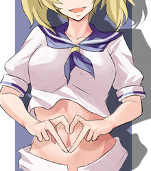  bad_id bad_twitter_id blonde_hair collarbone commentary_request female head_out_of_frame heart heart_hands highres kamiya_ueshi kitashirakawa_chiyuri midriff navel navel_focus open_fly open_mouth puffy_short_sleeves puffy_sleeves sailor sailor_collar sailor_shirt shirt short_hair short_sleeves shorts simple_background solo stomach touhou touhou_(pc-98) uniform white_shorts 