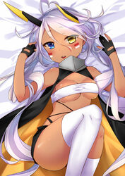  ahoge asymmetrical_legwear azur_lane bandeau black_gloves black_shorts blue_eyes blush breasts commentary_request dark-skinned_female dark_skin eyes_visible_through_hair facepaint feet_out_of_frame female gloves hair_between_eyes heart heart_ahoge heterochromia horns indianapolis_(azur_lane) long_hair looking_at_viewer lying mechanical_horns medium_breasts on_back on_bed open_mouth partially_fingerless_gloves pink_hair round_teeth shiruko_(27anko) shorts smile socks solo teeth thighhighs turtleneck twintails underboob uneven_legwear upper_teeth_only very_long_hair white_bandeau white_socks white_thighhighs yellow_eyes 