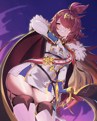  absurdres animal_ears black_thighhighs blue_skirt boots cape coat commentary contrapposto dress epic_seven female fur-trimmed_coat fur_trim garter_straps gloves grin hair_over_one_eye headpiece highres lionheart_cermia_(epic_seven) long_hair long_skirt looking_to_the_side military_uniform rabbit_ears red_cape red_hair rpg_(ram) short_dress skindentation skirt skirt_under_dress smile solo swept_bangs taut_clothes taut_dress thigh_boots thighhighs thighhighs_under_boots thighs uniform white_dress white_gloves white_thighhighs 