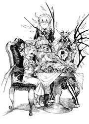  3girls absurdres apron ascot bat_wings bone boned_meat braid chair colored_sclera commentary_request crazy_eyes crystal dress evil_grin evil_smile fingernails flandre_scarlet food fork full_body greyscale grin hair_between_eyes hat highres holding holding_food holding_fork holding_knife holding_tray izayoi_sakuya knees_together_feet_apart knife long_dress long_hair long_tongue looking_at_viewer maid maid_headdress meat medium_hair mob_cap monochrome multiple_girls nail_polish pantyhose pantyhose_under_shorts parted_bangs pointing pointing_at_viewer pointy_ears remilia_scarlet sendai_(nazonomono) sharp_teeth short_sleeves shorts siblings side_ponytail sidelocks sisters sitting slit_pupils smile standing table tablecloth teeth throne tongue tongue_out touhou traditional_media tray twin_braids wings 