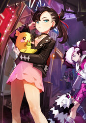  3boys aqua_eyes asymmetrical_bangs asymmetrical_hair belt black_choker black_hair black_jacket black_nails blush breasts brother_and_sister choker commentary dress earrings female galarian_zigzagoon hair_ribbon highres holding holding_pokemon jacket jewelry long_hair long_sleeves looking_at_viewer marnie_(pokemon) morpeko morpeko_(full) multicolored_hair multiple_boys nima_(niru54) open_clothes piers_(pokemon) pink_dress pink_hair pokemon pokemon_(creature) pokemon_swsh ponytail red_ribbon ribbon siblings spikemuth team_yell team_yell_grunt tongue tongue_out twintails two-tone_hair white_belt white_hair white_jacket 