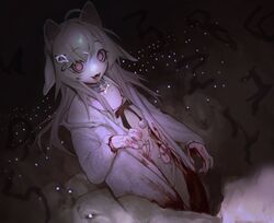  animal animal_collar animal_ears blood blood_on_clothes blood_on_hands bone_necklace brown_hair collar fangs female hair_ornament highres looking_at_viewer open_mouth original pink_collar pink_nails ro47 sheep sheep_hair_ornament smile teeth torn_clothes wolf_girl 