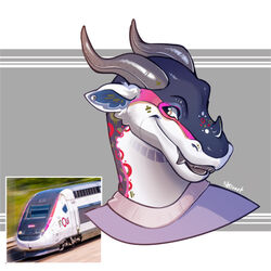  1:1 2023 2_horns alstom alstom_avelia_euroduplex amber_eyes anthro belly blue_inner_ear border bullet_train bust_portrait clothing countershade_face countershade_neck countershade_scales countershading digital_drawing_(artwork) digital_media_(artwork) dragon ear_piercing electric_locomotive fangs female france french grey_background grey_body grey_horn grey_markings grey_scales grey_spikes grey_teeth grin horn how_to_dragon_your_train hybrid inner_ear_fluff jewelry light_body lilysaart living_machine living_train living_vehicle locomorph locomotive machine markings meme metallic_body multicolored_body multicolored_scales mythological_creature mythological_scalie mythology nose_spike photo piercing pink_body pink_markings pink_scales pink_stripes pinstripes portrait pupils purple_clothing purple_sweater purple_topwear red_body red_markings red_scales reference_image reptile rivets scale_markings scales scalie signature silver_(metal) silver_jewelry simple_background smile smooth_horn sncf solo stripes stud_piercing sweater teeth tgv topwear train tuft two_tone_body vehicle wavy_horn white_belly white_body white_border white_countershading white_scales 