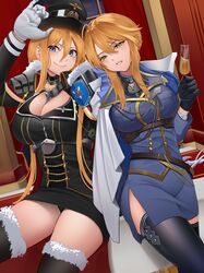  2girls absurdres artoria_pendragon_(fate) artoria_pendragon_(lancer)_(fate) artoria_pendragon_(lancer)_(formal_dress)_(fate) azur_lane bismarck_(azur_lane) bismarck_(coat_of_arms) black_gloves black_panties black_skirt blonde_hair blue_eyes blue_jacket blue_skirt breasts cape champagne_flute cleavage cup drinking_glass fate/grand_order fate_(series) formal fur-trimmed_legwear fur_trim gloves green_eyes hair_between_eyes harris_hero hat highres holding holding_cup indoors jacket large_breasts long_hair looking_at_viewer military military_uniform miniskirt multiple_girls panties pencil_skirt skirt thighhighs underwear uniform variant_set very_long_hair white_gloves wine_glass 