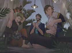  3boys :o ;d achilles_(fate) achilles_(fearless_diver)_(fate) animal_on_lap arm_guards armband arms_up asymmetrical_bangs barefoot beard black_eyes black_gloves black_hair black_pants black_shirt blue_jacket blue_shirt bracelet clothes_around_waist clothes_lift curtains edward_teach_(fate) edward_teach_(midsummer_gentleman)_(fate) facial_hair fate/grand_order fate_(series) full_body gloves goggles goggles_on_head green_hair hair_between_eyes hand_on_own_stomach hanging_light hawaiian_shirt jacket jewelry knee_up lifting_own_clothes looking_at_another looking_at_viewer low_ponytail male_focus mandricardo_(fate) mandricardo_(summer_sportswear)_(fate) moustache multiple_boys off_shoulder official_alternate_costume on_lap one_eye_closed orange_eyes orange_pants palm_leaf pants parted_lips pectorals ring shirt shirt_lift short_hair short_ponytail sidepec sitting sleeveless sleeveless_turtleneck smile sparkle spiked_hair stretching sweat t-shirt tarasque_(fate) turtleneck watch white_shirt wristwatch yorunue_ro 