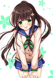  blue_skirt blush brown_hair clockwork_rabbit commentary_request female flower gochuumon_wa_usagi_desu_ka? green_eyes hair_flower hair_ornament hairclip hands_on_own_thighs kedama_(kedama_akaza) long_hair long_sleeves looking_at_viewer open_mouth ponytail sailor_collar school_uniform serafuku skirt smile solo ujimatsu_chiya very_long_hair 