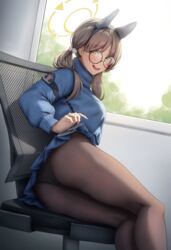  absurdres animal_ears ass black-framed_eyewear black_panties blue_archive blue_skirt blue_sweater blush brown_hair brown_pantyhose fake_animal_ears feet_out_of_frame female gileu glasses halo highres legs looking_at_viewer moe_(blue_archive) panties panties_under_pantyhose pantyhose rabbit_ears round_eyewear school_uniform sitting skirt solo sweater twintails underwear 