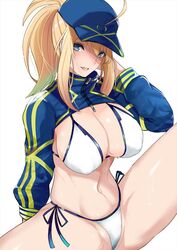  ahoge artoria_pendragon_(fate) baseball_cap bikini blonde_hair blue_eyes blue_hat blue_jacket blush breasts cleavage cropped_jacket fate/grand_order fate_(series) female hair_between_eyes hair_ribbon hair_through_headwear hat highres jacket kawabata_yoshihiro large_breasts long_hair looking_at_viewer mysterious_heroine_xx_(fate) navel open_mouth ponytail ribbon shrug_(clothing) sidelocks simple_background smile solo swimsuit thighs white_background white_bikini wristband zipper_pull_tab 