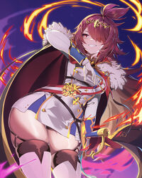  absurdres animal_ears black_thighhighs blue_skirt boots cape coat commentary contrapposto dress epic_seven female fire fur-trimmed_coat fur_trim garter_straps gloves grin hair_over_one_eye headpiece highres lionheart_cermia_(epic_seven) long_hair long_skirt looking_to_the_side military_uniform rabbit_ears red_cape red_hair rpg_(ram) short_dress skindentation skirt skirt_under_dress smile solo swept_bangs taut_clothes taut_dress thigh_boots thighhighs thighhighs_under_boots thighs uniform white_dress white_gloves white_thighhighs 