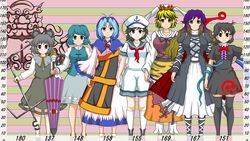  1boy 6+girls ahoge anchor anchor_symbol animal_ears animal_print asymmetrical_wings black_dress black_footwear black_hair black_legwear black_ribbon blonde_hair blue_capelet blue_eyes blue_hair blue_skirt blue_vest blue_wings boots bow bowtie brown_dress brown_footwear brown_hair capelet closed_mouth commentary cross-laced_clothes dowsing_rod dress footwear_bow full_body geta gradient_hair green_sailor_collar grey_dress grey_hair hair_ornament hat height_chart heterochromia hijiri_byakuren holding holding_umbrella hood houjuu_nue jewelry juliet_sleeves karakasa_obake kesa kumoi_ichirin long_hair long_sleeves looking_at_viewer mouse_ears mouse_tail multicolored_clothes multicolored_dress multicolored_hair multiple_girls murasa_minamitsu nazrin neck_ribbon pendant puffy_sleeves purple_hair purple_umbrella red_bow red_bowtie red_eyes red_footwear red_wings ribbon sailor_collar sailor_hat sailor_shirt shawl shirt short_hair short_sleeves shorts skirt smile snake_armband standing sutekase tail tatara_kogasa thighhighs tiger_print toramaru_shou touhou two-tone_hair umbrella undefined_fantastic_object unzan vest wavy_hair white_dress white_footwear white_headwear white_legwear white_shirt white_shorts wide_sleeves wings yellow_eyes 