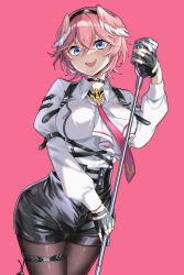  absurdres ascot black_choker black_gloves black_hairband black_pantyhose black_shorts blue_eyes breast_zipper breasts chest_harness choker commentary_request contrapposto cowboy_shot double-parted_bangs dress_shirt female fingerless_gloves gloves hair_between_eyes hairband harness head_wings high-waist_shorts highres holding holding_microphone hololive large_breasts leather_shorts long_sleeves looking_at_viewer microphone minatasiro necktie open_mouth pantyhose pink_background pink_hair pink_wings red_necktie shiny_clothes shirt short_hair shorts simple_background sleeve_garter solo takane_lui takane_lui_(1st_costume) teeth thigh_strap upper_teeth_only v-shaped_eyebrows virtual_youtuber white_ascot white_shirt wide_hips wings 
