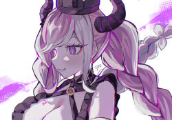  braid breasts cleavage crown demon_girl demon_horns female highres horns large_breasts long_hair master_detective_archives:_rain_code purple_eyes purple_hair saki_(sa_saki414) shinigami_(rain_code) solo twin_braids upper_body white_background 