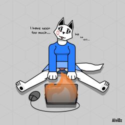  absurd_res alvidz anthro bottomwear canid canine clothed clothing digital_media_(artwork) female fully_clothed hi_res humanoid looking_at_viewer mammal simple_background skirt smile solo tail text 