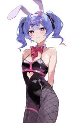  animal_ear_hairband animal_ears arms_behind_back black_hairband black_leotard blue_eyes blue_hair bow bowtie colored_inner_hair expressionless fake_animal_ears female fishnet_pantyhose fishnets hair_ornament hair_ribbon hairband hatsune_miku highres leotard looking_at_viewer mole multicolored_hair pantyhose playboy_bunny rabbit_ear_hairband rabbit_ears rabbit_hole_(vocaloid) rakugaki_ningen red_bow red_bowtie ribbon thigh_strap twintails vocaloid x_hair_ornament 