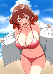  absurdres ahoge aizawa_u-ji beach bikini blush breasts brown_hair cleavage collarbone commentary_request female front-tie_bikini_top front-tie_top gakuen_idolmaster hair_bun halterneck hanami_ume highres huge_breasts idolmaster jacket kimi_to_semi_blue_(idolmaster) looking_at_viewer navel open_clothes open_jacket outdoors red_bikini single_side_bun smile solo stomach sweat swimsuit thigh_gap white_jacket 