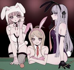  akamatsu_kaede animal_ears bare_shoulders black_leotard bow bowtie breasts cleavage danganronpa:_trigger_happy_havoc danganronpa_(series) danganronpa_2:_goodbye_despair danganronpa_v3:_killing_harmony detached_collar fake_animal_ears highres kirigiri_kyoko large_breasts leotard long_hair looking_at_viewer mole mole_on_breast nanami_chiaki official_alternate_costume pantyhose playboy_bunny raamensusure rabbit_ears strapless strapless_leotard wrist_cuffs 