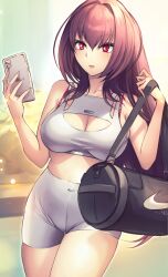  absurdres alternate_costume bag breasts cellphone cleavage_cutout clothing_cutout duffel_bag dynamitenatalia fate/grand_order fate_(series) female hair_intakes highres holding holding_phone iphone large_breasts long_hair looking_at_object nike_(company) outdoors phone purple_hair red_eyes revision scathach_(fate) shorts smartphone solo sports_bra very_long_hair white_shorts 