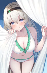  absurdres alternate_costume bare_shoulders bikini black_hairband blue_eyes blush breasts cleavage closed_mouth collarbone commentary_request cowboy_shot curtains female firefly_(honkai:_star_rail) gradient_hair green_hair groin hair_between_eyes hairband highres honkai:_star_rail honkai_(series) large_breasts leaning_forward long_hair looking_at_viewer multicolored_hair navel partial_commentary primamiya purple_eyes side-tie_bikini_bottom sidelocks solo standing stomach swimsuit two-tone_eyes very_long_hair white_bikini white_hair 