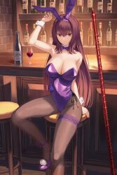  alcohol animal_ears bare_shoulders bottle bow bowtie breasts brown_pantyhose cleavage closed_mouth commentary_request detached_sleeves fake_animal_ears fate/grand_order fate_(series) female fishnet_pantyhose fishnets gae_bolg_(fate) glass hair_between_eyes highleg highleg_leotard highres indoors kamo_ashi large_breasts leotard long_hair looking_at_viewer official_alternate_costume pantyhose polearm purple_bow purple_bowtie purple_footwear purple_hair purple_leotard rabbit_ears red_eyes scathach_(fate) scathach_(piercing_bunny)_(fate) sitting smile solo spear strapless strapless_leotard weapon wine_bottle wrist_cuffs 