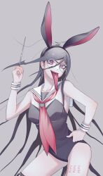  animal_ears bare_shoulders black_leotard brown_hair contrapposto cowboy_shot danganronpa:_trigger_happy_havoc danganronpa_(series) fake_animal_ears female fukawa_toko genocider_shou glasses grey_background hand_up highres leotard ling_yun_(amadare0803) long_hair long_tongue neckerchief pink_eyes rabbit_ears red_neckerchief round_eyewear sailor_collar simple_background smile solo tongue white_sailor_collar wrist_cuffs 