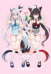  2girls :/ :d ahoge alternate_costume animal_ear_piercing animal_ears apron aqua_eyes aqua_nails ass_visible_through_thighs asymmetrical_legwear black_footwear black_hair black_leotard blue_bow blue_footwear blue_leotard blue_necktie blush bow braid breasts comiket_104 commentary_request covered_navel crossed_bangs cutout_above_navel dark_persona detached_collar double-parted_bangs extra_ears fox_ears fox_girl fox_shadow_puppet fox_tail frilled_apron frilled_thighhighs frills full_body hair_between_eyes hairbow hand_up heart_o-ring highres holding holding_tray hololive knees_together_feet_apart kurokami_fubuki leotard long_hair loose_socks low_twintails maid_headdress mary_janes medium_breasts multicolored_hair multiple_girls nail_polish necktie o-ring o-ring_thigh_strap oerba_yun_fang pentagram pink_background playboy_bunny red_hair red_necktie retsuto see-through see-through_apron shirakami_fubuki shoes short_necktie side_braid sidelocks simple_background single_thighhigh skin_fang smile socks strapless strapless_leotard streaked_hair sukonbu_(shirakami_fubuki) tail thigh_strap thighhighs tie_clip tray twintails uneven_legwear very_long_hair virtual_youtuber white_hair wrist_cuffs 