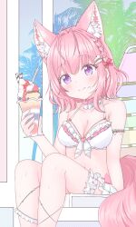  animal_ears antenna_hair armlet bare_shoulders beach_chair bikini braid breasts chinoru choker cleavage closed_mouth collarbone commentary_request cup extra_ears female fingernails food food_on_face frilled_bikini frilled_choker frills hair_ornament hair_ribbon hairclip hakui_koyori hakui_koyori_(summer) highres holding holding_cup hololive ice_cream jewelry large_breasts medium_hair navel palm_tree parfait pink_choker pink_hair pink_ribbon pudding purple_eyes ribbon sitting smile solo stomach sweat swimsuit tail thigh_strap thighs tree two-tone_choker virtual_youtuber white_bikini white_choker wolf_ears wolf_girl wolf_tail 