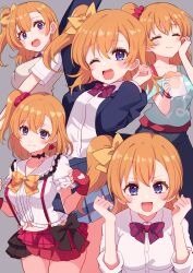  absurdres birthday blue_eyes blush bread breasts closed_eyes commentary cream_(nipakupa) earrings female food grey_background highres holding holding_food jewelry kosaka_honoka looking_at_viewer love_live! love_live!_school_idol_project medium_breasts medium_hair multiple_views one_eye_closed one_side_up orange_hair otonokizaka_school_uniform school_uniform upper_body 