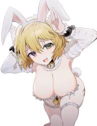  :3 absurdres animal_ears blonde_hair blue_eyes breasts cleavage detached_collar fake_animal_ears fake_tail fishnet_thighhighs fishnets green_eyes heterochromia highleg highres large_breasts leotard long_sleeves medium_hair miisan open_mouth playboy_bunny rabbit_ears rabbit_pose rabbit_tail ryouna_(senran_kagura) senran_kagura simple_background skindentation smile strapless strapless_leotard tail tally thighhighs white_background 