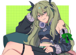  bare_shoulders black_ribbon black_shorts border breasts clothing_cutout commentary crop_top crossed_legs detached_sleeves english_commentary female fishnet_cutout green_background green_hair hair_between_eyes hair_ornament hair_ribbon hairpin headphones headphones_around_neck highres honkai_(series) honkai_impact_3rd long_hair looking_at_viewer midriff mobius_(honkai_impact) mobius_(razer)_(honkai_impact) on_chair open_mouth rena_(_rrena) ribbon shorts signet_of_infinity sitting slit_pupils small_breasts smile teeth thigh_strap twintails underboob underboob_cutout white_border 