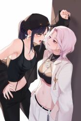  2girls absurdres angry black_jacket black_pants black_tank_top blue_hair breasts cleavage commentary crop_top dark_blue_hair eye_contact hands_in_pockets highres ine_(vtuber) jacket jacket_on_shoulders large_breasts lilpa long_hair long_sleeves looking_at_another medium_breasts medium_hair midriff multiple_girls navel off_shoulder orange_eyes pants ponytail purple_eyes see-through see-through_cleavage sidelocks smile stomach symbol-only_commentary tank_top virtual_youtuber waktaverse white_hair white_jacket white_pants yu_seol_69 