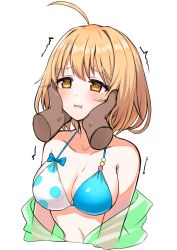  :i ahoge armpit_crease bare_shoulders bikini blonde_hair blue_bikini blush bow bow_bikini breasts cheek_squash cleavage collarbone commentary_request cropped_torso disembodied_hand female furrowed_brow green_shirt hand_on_another&#039;s_cheek hand_on_another&#039;s_face haru_estia highres korean_commentary looking_ahead losvje1024 medium_breasts motion_lines orange_eyes parted_lips polka_dot polka_dot_bikini see-through see-through_shirt shirt shirt_down simple_background solo_focus soulworker swimsuit trembling white_background 