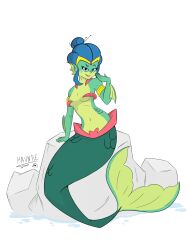  absurd_res alternate_form animal_humanoid arm_support armlet blue_hair breasts cleavage clothed clothing crown ear_fins eyelashes female fin fish fish_humanoid hair hair_bun hauntie headgear hi_res humanoid marine marine_humanoid merfolk mermaid_tail monster_girl_(genre) navel shantae shantae_(mermaid_form) shantae_(series) split_form tiara wayforward 