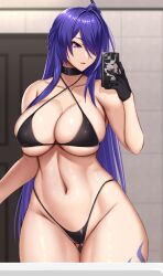  acheron_(honkai:_star_rail) ahoge akitsuki_karasu alternate_costume ass_visible_through_thighs bathroom bikini black_bikini black_choker black_gloves breasts cellphone choker cleavage commentary_request cowboy_shot criss-cross_halter expressionless female gloves hair_between_eyes hair_over_one_eye halterneck highleg highleg_bikini highres holding holding_phone honkai:_star_rail honkai_(series) large_breasts leg_tattoo long_hair micro_bikini navel parted_lips phone purple_eyes purple_hair selfie skindentation smartphone solo standing stomach string_bikini swimsuit tattoo thigh_gap 