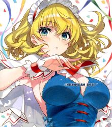  alice_margatroid blonde_hair blue_eyes blush breasts cape chacham cleavage female fingernails frills headdress long_hair looking_at_viewer nail_polish red_nails short_hair solo touhou upper_body white_cape wrist_cuffs 