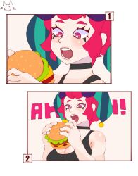  1girls big_breasts black_topwear boob_window brawl_stars breasts chester_(brawl_stars) eating eating_burger eating_food female female_focus female_only hat holding_burger izutsumihr light-skinned_female light_skin noboko_k open_mouth red_eyes red_hair rule_63 solo solo_female solo_focus topwear 