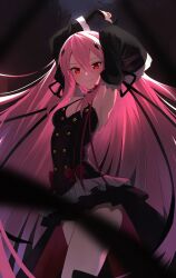  absurdres black_dress black_ribbon breasts closed_mouth cowboy_shot criss-cross_halter detached_sleeves dress female frills furai_sen halterneck highres krul_tepes long_hair owari_no_seraph pink_hair red_eyes ribbon small_breasts smile solo very_long_hair 